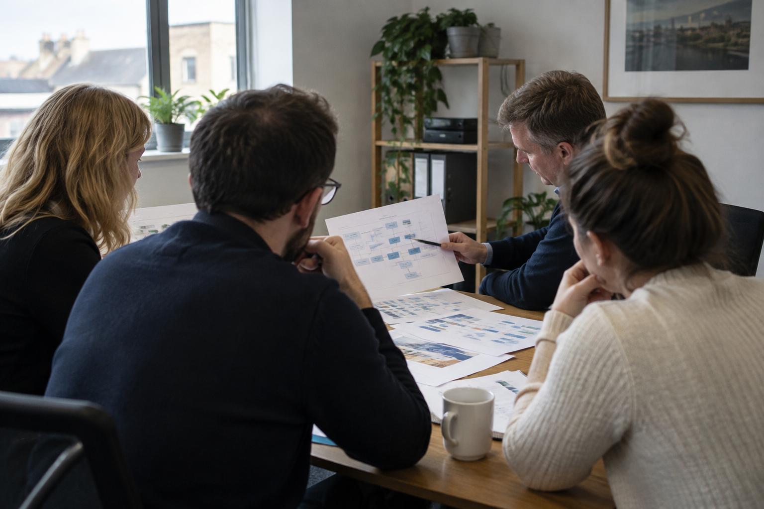 Business owners discussing business succession around a meeting table in an office.