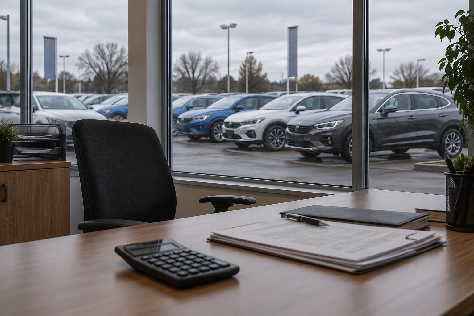 Dealership finance desk overlooking cars, illustrating the Volkswagen motor finance story